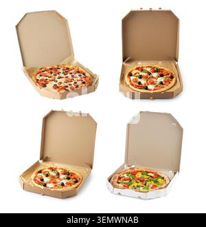 Diverses pizzas savoureuses dans des boîtes en carton isolées sur blanc, set Banque D'Images