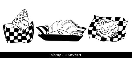 Croissant, croissant plat et croissant en accent noir et blanc emballage, icônes pour le menu et la conception du comptoir de bar, papier à carreaux, sac en papier et boîte Illustration de Vecteur