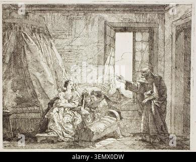 Joseph raconte à Marie leur prochain départ, planche quatre de la fuite en Egypte de Giovanni Domenico Tiepolo, 1753, représentant la Sainte famille se préparant à s'échapper en Egypte, avec un ange annonçant leur voyage à Marie et Joseph Banque D'Images