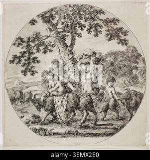 Satyre Family Walking par Stefano della Bella, v. 1657, représentant des satyres mythologiques et des chérubins dans un paysage boisé pastoral sous un grand arbre Banque D'Images