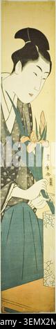 Jeune homme arrangeant des iris dans un vase par Utagawa Toyohiro, s.d., représentant une figure en tenue formelle tendant des fleurs délicates avec une attention gracieuse Banque D'Images