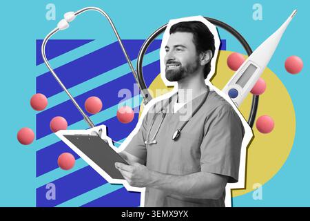 Médecin masculin souriant avec stéthoscope et presse-papiers, concept de soins médicaux et de bien-être, thermomètre numérique et pilules Banque D'Images