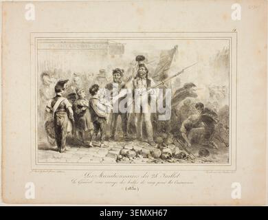 Les Munitioners de juillet 28 de Denis Auguste Marie Raffet, 1831 ans, représentant des civils armés et des soldats rassemblés autour d'un feu de camp, avec des personnages tenant des fusils et du matériel militaire dans une scène militaire révolutionnaire Banque D'Images