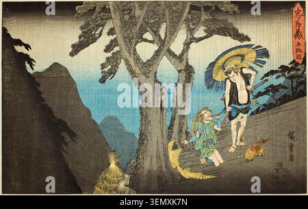 Acte 5 (Godanme), de la série la vengeance des fidèles (Chushingura) d'Utagawa Hiroshige, v. 1834/39, représentant une femme avec parasol et enfant sous un arbre noueux dans un paysage montagneux Banque D'Images