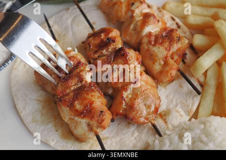 Brochettes de poulet grillé servies avec riz et frites Banque D'Images