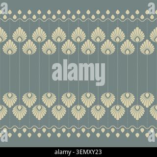 Motif vectoriel sans couture avec des motifs floraux stylisés en forme d'éventail et des lignes géométriques dans une palette sophistiquée de couleurs vert sauge et crème Illustration de Vecteur
