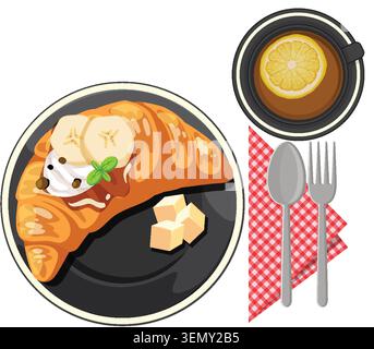 Scène de petit déjeuner vectoriel avec croissant, tranches de banane, cubes de beurre, thé et ustensiles sur serviette Illustration de Vecteur