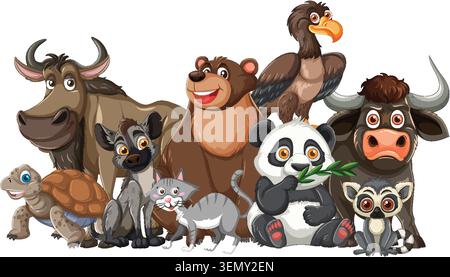 Divers animaux sauvages illustrés dans un style vectoriel de dessin animé vibrant, disposés ensemble sur un fond blanc Illustration de Vecteur