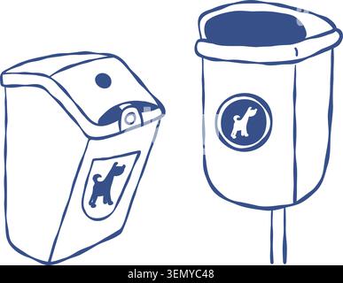 Poubelles pour chiens dans les parcs publics. Illustration vectorielle. Dessin à la main isolé. Ensemble de conteneurs de désinfection pour animaux de compagnie pour écologique C Illustration de Vecteur