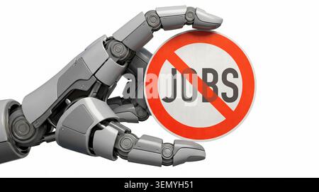 Main de robot tenant un signe – perte d'emploi due à l'IA Banque D'Images