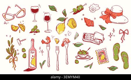 Ensemble de croquis d'icônes d'été italiennes sur fond blanc. Illustration vectorielle de fruits de mer méditerranéens, sardines, bouteille de vin, chapeau de plage et lunettes de soleil pour les voyages de vacances, timbre amalfi avec des citrons Illustration de Vecteur