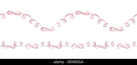 Ruban de satin rose bordure sans couture. Illustration d'aquarelle dessinée à la main, isolée. Clip art pastel pour cartes et invitations pour les douches de bébé Banque D'Images