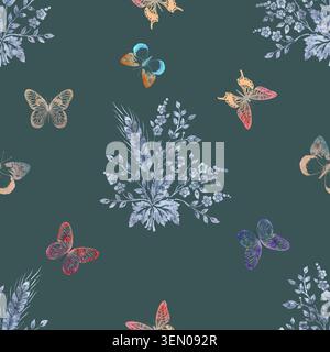 Aquarelle papillon et motif floral bleu sans couture sur fond vert foncé Banque D'Images