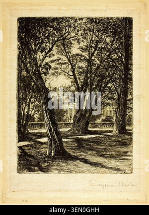 Jardins de Kensington, No. I (petite assiette) de Francis Seymour Haden, 1859, représentant un chemin de jardin bordé d'arbres encadrant un palais lointain avec des garde-corps ornementaux visibles au-delà Banque D'Images