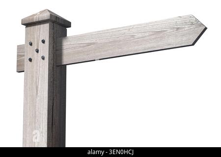 Panneau de signalisation en bois avec une flèche isolé sur fond blanc Banque D'Images
