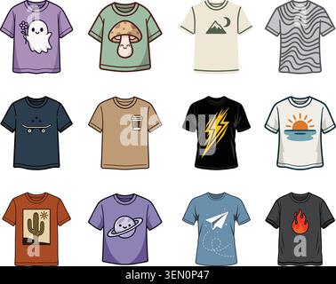 Un ensemble d'illustrations colorées comprenant divers designs graphiques de T-shirts avec des impressions différentes Illustration de Vecteur
