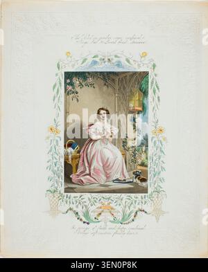 The Bird in Yonder cage Confined by Unknown Artist, v. 1850, représentant une femme dans une élégante robe rose à côté d'une cage à oiseaux dans un intérieur d'inspiration gothique Banque D'Images