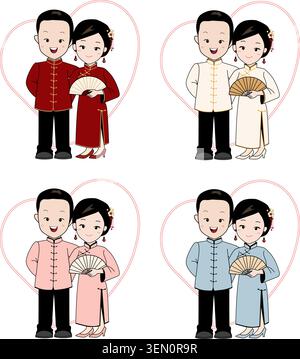 Dessin animé de couple de mariage chinois mignon dans un style pastel minimal, portant un costume traditionnel et Qipao avec des fans, isolé sur fond blanc. Illustration de Vecteur