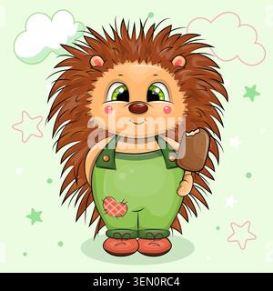 Adorable Hedgehog mignon Cartoon avec une barre de crème glacée. Illustration vectorielle de l'animal sur fond vert avec des étoiles et des nuages. Illustration de Vecteur