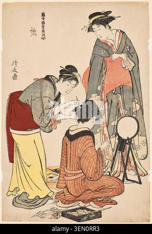 Artistes de la Tachibana, de la série A Collection of Contemporary Beauties of the Pleasure Quarters de Torii Kiyonaga, v. 1782, représentant trois femmes dans des kimonos élaborés arrangeant cheveux et maquillage Banque D'Images