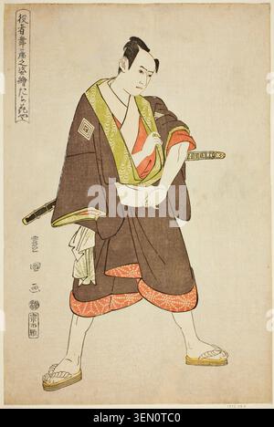 Tachibanaya : Ichikawa Yaozo III dans le rôle de Shimobe Hatsuhei, tiré de la série Portraits of Actors on Stage d'Utagawa Toyokuni I, 1794, représentant un acteur kabuki en personnage portant des robes brunes avec des garnitures dorées, tenant une épée décorative, posé dans une position debout dynamique Banque D'Images