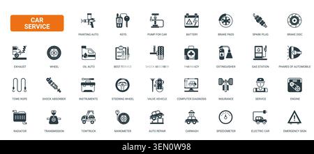 Symboles d'entretien et de réparation automobile indiquant l'entretien, le diagnostic, le remorquage, le carburant, la batterie, freins, pièces de moteur et soutien d'atelier icônes pleines noires set illustration vectorielle Illustration de Vecteur