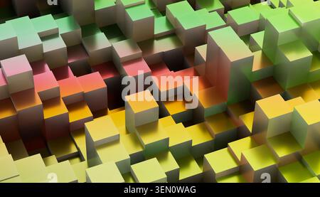 Fond abstrait géométrique 3D coloré avec cubes imbriqués dans des tons vibrants. Banque D'Images
