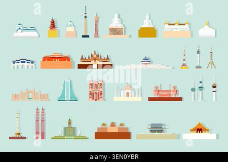 Architecture de point de repère isolé asie silhouette avec icône, voyage célèbres monuments architecturaux Asie, voyage continent et monument symbole de l'Asie Illustration de Vecteur