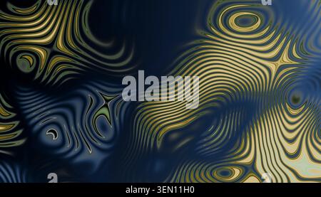 Des lignes ondulées abstraites en vert et jaune sur fond bleu foncé créent un motif hypnotique. Banque D'Images