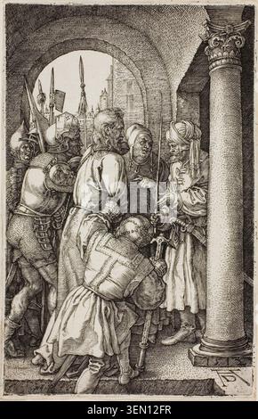 Christ avant Pilate, de la passion gravée par Albrecht Dürer, 1512, représentant la scène biblique de Jésus présentée au gouverneur romain entouré de gardes armés et de fonctionnaires dans une chambre voûtée en pierre Banque D'Images
