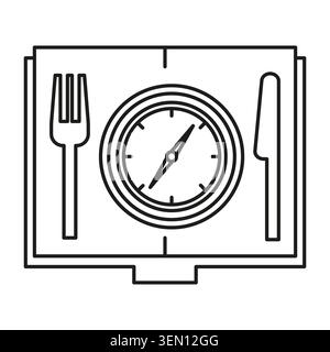 Compas sur assiette avec fourchette et couteau représente le voyage de nourriture. Icône vectorielle d'art au trait pour les concepts de voyage et de restauration. Illustration de Vecteur