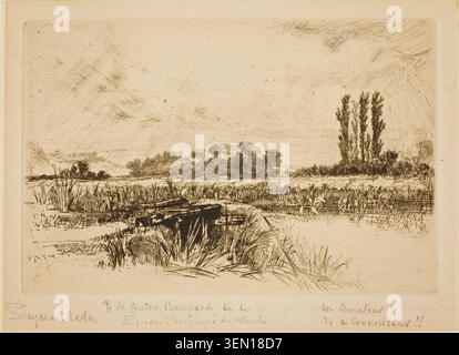 A Water Meadow de Francis Seymour Haden, 1859, représentant un paysage rural tranquille avec des roseaux, une passerelle en bois et des arbres lointains le long d'un cours d'eau Banque D'Images