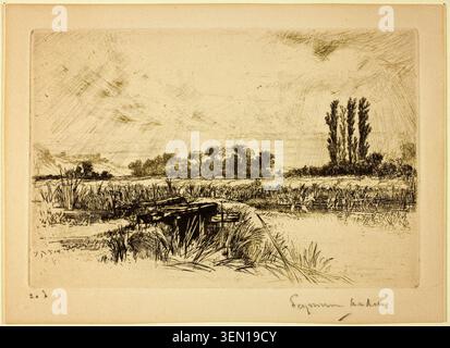 A Water Meadow de Francis Seymour Haden, 1859, représentant un paysage pastoral tranquille avec de l'eau, des roseaux, des arbres et une végétation lointaine sous un ciel couvert Banque D'Images