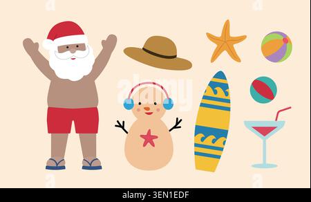 Ensemble de plage de Noël d'été. Collection de Père Noël mignon à la peau foncée, bonhomme de neige de sable, étoile de mer, planche de surf, ballon de plage, cocktail, chapeau de paille. Illustration de Vecteur