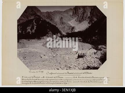 La confluence des torrents Pravert et Ebron près de Tréminis en Isère, en France, apparaît dans une photographie de 1894 d'Ernest Douvier. La vue identifie les branches du bassin du Pravert et enregistre les zones remplies de rochers en 1893 avant que les ruisseaux ne rejoignent l'Ebron. Banque D'Images