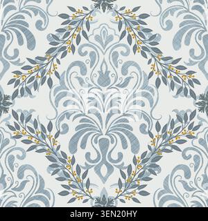 Motif sans couture Damas botanique bleu avec feuilles et baies jaunes Banque D'Images