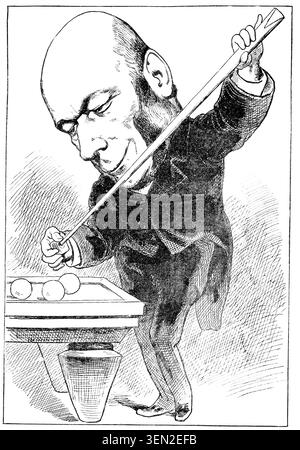 Lithographie intitulée M. Grevy intime, caricaturant le politicien français Jules Grevy jouant au billard. Jules Grevy (1807-1891), président de la République française de 1879 à 1887, reproduction d'un original du XIXe siècle. Authentique, fichier restauré pour une utilisation optimale, date exacte de l'original inconnu. Banque D'Images