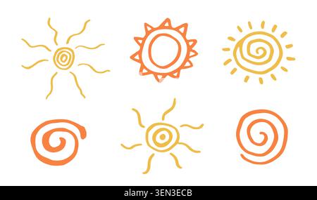 Ensemble de motifs de soleil ethniques, symboles tribaux géométriques Illustration de Vecteur