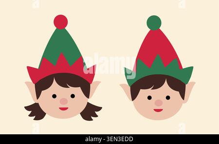 Ensemble de mignon tête d'elfe de Noël plat stock illustration vectorielle. Aide du Père Noël. Joyeux Noël et joyeuses fêtes. Illustration de Vecteur