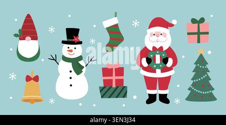 Ensemble d'illustration vectorielle plate d'élément de noël d'hiver dessinée à la main. Collection de Père Noël mignon, bonhomme de neige, gnome, poinsettia, arbre de Noël, cadeau Illustration de Vecteur