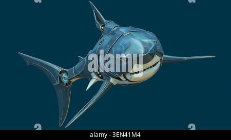 Grand requin blanc mécanique Cyborg avec armure métallique et détails cybernétiques. Prédateur sous-marin futuriste pour Science Fiction Banque D'Images