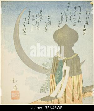 Poteau de pont et croissant de lune de Totoya Hokkei, s.d., représentant une figure dans des robes ornées debout sous un croissant de lune et une structure de pont en bois Banque D'Images