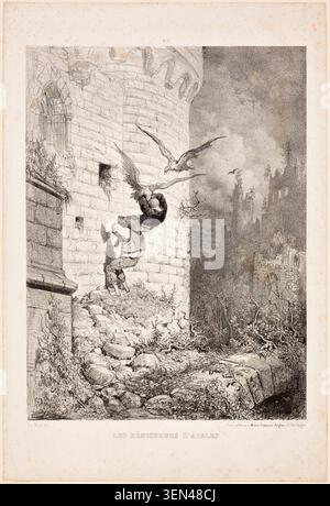 Les chasseurs de nids d'aigles par Gustave Doré, 1857, représentant un personnage escaladant une falaise rocheuse vers des oiseaux nicheurs au-dessus d'un paysage boisé Banque D'Images