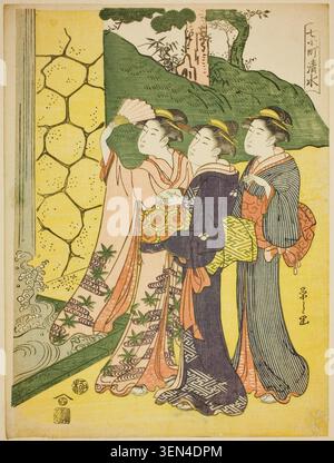 Kiyomizu de Chobunsai Eishi, v. 1791/92, représentant trois femmes élégamment habillées regardant vers le haut dans un paysage montagneux avec des structures architecturales Banque D'Images