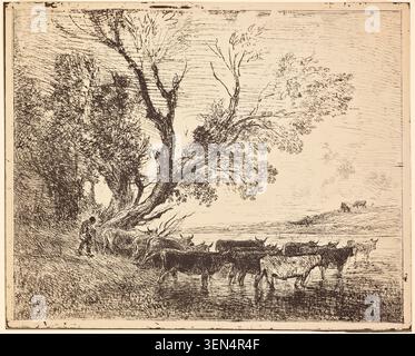 Le gué de Charles François Daubigny, 1862, représentant des bovins pataugant dans une rivière peu profonde à côté d'arbres noueux sur une rive envahie par la végétation Banque D'Images