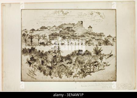 La débâcle de Lesseps, Panama par Joseph Pennell, 1912, représentant une colonie à flanc de colline avec une architecture coloniale, des palmiers et de nombreuses figures dans un paysage tropical Banque D'Images