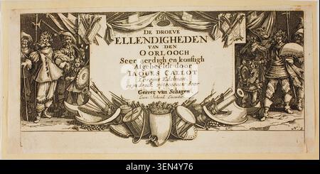Frontispice des grandes misères de guerre de Gerrit Lucasz van Schagen d'après Jacques Callot, représentant des figures allégoriques et des emblèmes militaires entourant un cartouche central avec des trophées ornementaux de guerre Banque D'Images