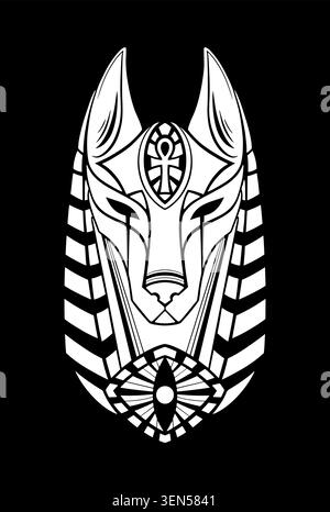 Illustration stylisée en noir et blanc d'Anubis, le Dieu égyptien des morts, représenté comme une tête chacale avec un ankh sur le front. Symétrique, tr Illustration de Vecteur