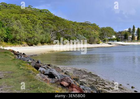 Une plage de sable rencontre un rivage rocheux et une eau côtière calme, avec des maisons et des appartements nichés parmi de grands arbres derrière le rivage. Banque D'Images