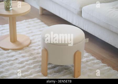 Petit tabouret rond dans un salon avec un tapis léger Banque D'Images